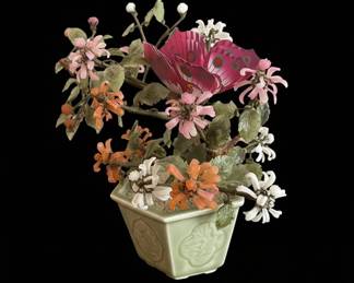 Vintage Jade Colored Glass Bonsai Tree with Pink and White Blossoms in Celadon Pot