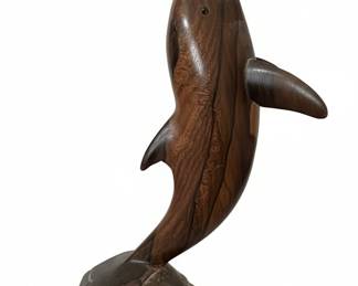 Hand Carved Wooden Dolphin Figurine on Rock Base