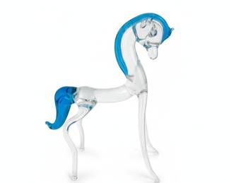 Blown Glass Horse Figurine with Blue Mane and Tail - Murano Style