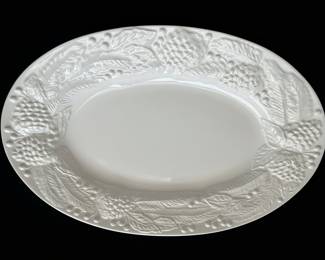 White Ceramic Oval Serving Platter with Embossed Grapes and Leaves - Made in Italy