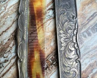 Antique Ornate Silver-Plated Folding Comb with Case