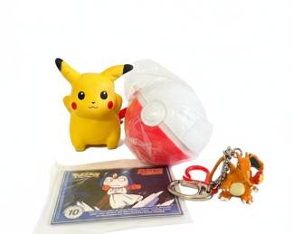 Pokemon 1999 Burger King Lot: Pikachu Figure, Pokeball Container, Meowth Movie Card, and Charizard Keychain