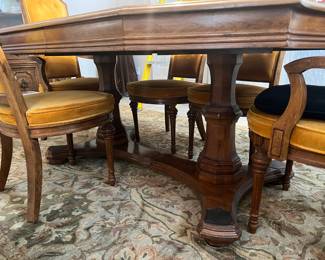 Vintage Walnut and Burl Wood Dining Set with Upholstered Chairs