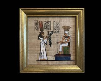 Framed Egyptian Papyrus Painting of Queen Nefertari and a Goddess