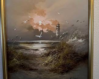 Seascape with Lighthouse and Seagulls Painting