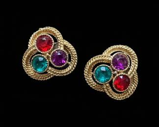 Vintage Gold-Tone Earrings with Red, Purple, and Teal Simulated Gemstones
