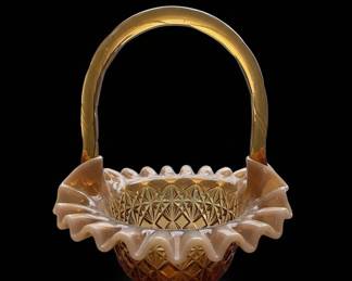 Amber Glass Diamond Quilted Basket with Ruffled Rim and Applied Handle