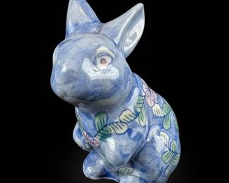 Blue Glazed Ceramic Bunny Figurine with Hand-Painted Floral Motif