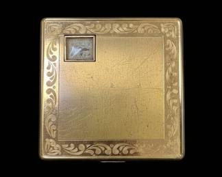 Vintage Gold-Tone Compact with Integrated Watch