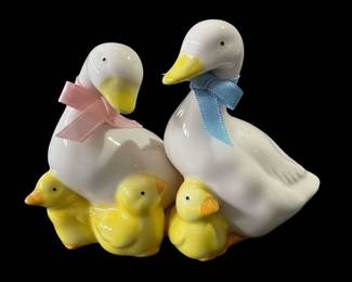 Ceramic Goose Family Figurine with Blue and Pink Ribbons