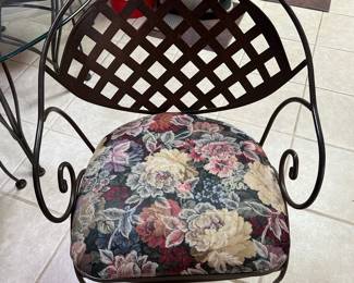 Wrought Iron and Glass Top Bistro Set with Floral Cushions