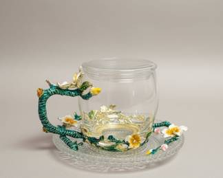 Enamel Floral Glass Tea Cup with Embossed Saucer