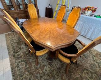 Vintage Walnut and Burl Wood Dining Set with Upholstered Chairs