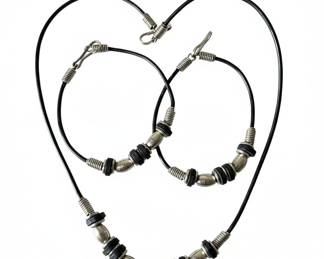 Leather Cord Necklace and Bracelet Set with Silver-Tone and Black Cylindrical Beads