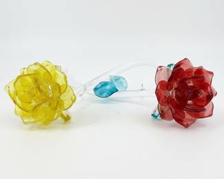 Murano-style Glass Rose and Leaf Sculpture
