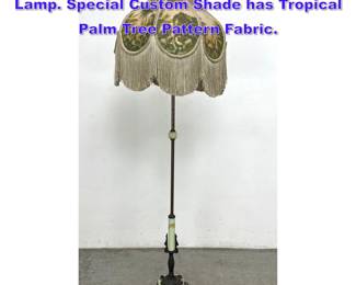 Lot 1117 Vintage Akro Agate Glass Floor Lamp. Special Custom Shade has Tropical Palm Tree Pattern Fabric. 