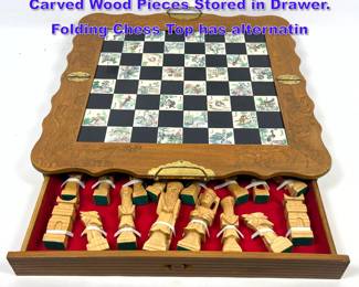 Lot 1034 Vintage Boxed Asian Chess Set. Carved Wood Pieces Stored in Drawer. Folding Chess Top has alternatin