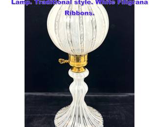 Lot 792 Murano Italian Hand Blown Glass Lamp. Traditional style. White Filigrana Ribbons. 