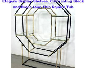 Lot 762 MCM Metal, Glass Octagonal Etagere Display Shelves. Contrasting Black and Brass tone Thin Square Tub