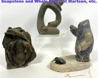 Lot 1107 3pcs Inuit Alaskan Sculptures. Soapstone and Whale Bone. St Marteen, etc. 