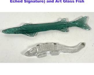 Lot 747 2pcs Waterford Glass Alligator Acid Eched Signature and Art Glass Fish