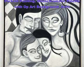 Lot 908 W A KOCH Groovy Creepy Family Portrait Painting. Monochromatic Palette with Op Art Background. Artis