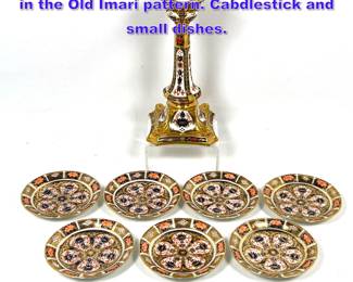Lot 1022 8pcs Royal Crown Derby porcelain in the Old Imari pattern. Cabdlestick and small dishes. 