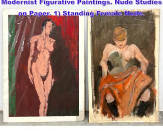 Lot 957 2pc NORMAN RUBINGTON Modernist Figurative Paintings. Nude Studies on Paper. 1 Standing Female Nude.