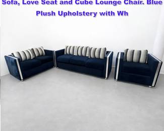 Lot 625 3pc Mid Century Modern Seating. Sofa, Love Seat and Cube Lounge Chair. Blue Plush Upholstery with Wh