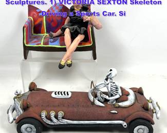 Lot 785 2pc Ceramic Figural Group Narrative Sculptures. 1 VICTORIA SEXTON Skeleton Driving a Sports Car. Si