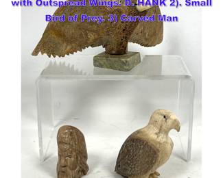Lot 1102 3pc Whale Bone Carvings. 1 Bird with Outspread Wings. D. HANK 2. Small Bird of Prey. 3 Carved Man