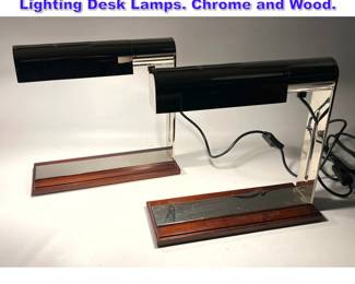 Lot 813 Pair Louis Baldinger architectural Lighting Desk Lamps. Chrome and Wood. 