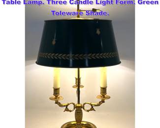 Lot 1121 Antique French Bouilotte Bronze Table Lamp. Three Candle Light Form. Green Toleware Shade. 