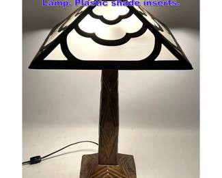 Lot 1073 Art Deco Style Pressed Metal Table Lamp. Plastic shade inserts. 