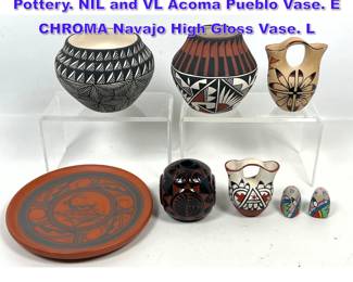Lot 1089 8pc Native American Indian Pottery. NIL and VL Acoma Pueblo Vase. E CHROMA Navajo High Gloss Vase. L