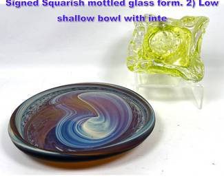 Lot 805 2pc Studio Art Glass Bowls. NELSON Signed Squarish mottled glass form. 2 Low shallow bowl with inte