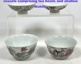 Lot 1015 4pcs Chinese polychrome porcelain vessels comprising tea bowls and shallow dishes.