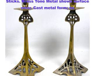 Lot 975 Pr Vintage Art Nouveau style Candle Sticks. Brass Tone Metal shows surface wear. Cast metal form no