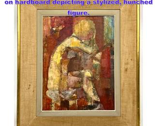 Lot 724 Abstract expressionist oil painting on hardboard depicting a stylized, hunched figure.