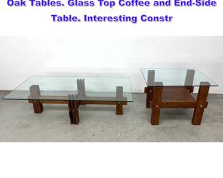 Lot 620 2pc Modernist Architectural Dark Oak Tables. Glass Top Coffee and EndSide Table. Interesting Constr