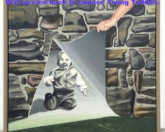 Lot 942 Surrealist Painting. Image of Stone Wall peeled back to expose Young Toddler.