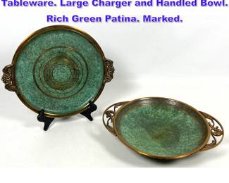 Lot 974 2pc CARL SORENSEN MCM Bronze Tableware. Large Charger and Handled Bowl. Rich Green Patina. Marked. 