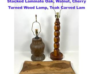 Lot 624 3pcs Mid Century Modern Wood. Stacked Laminate Oak, Walnut, Cherry Turned Wood Lamp, Teak Carved Lam