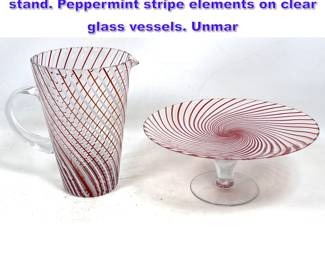 Lot 778 Italian glass swirl pitcher and cake stand. Peppermint stripe elements on clear glass vessels. Unmar