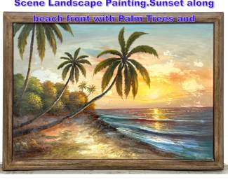 Lot 1069 HAROLD NEWTON Florida Beach Scene Landscape Painting.Sunset along beach front with Palm Trees and 