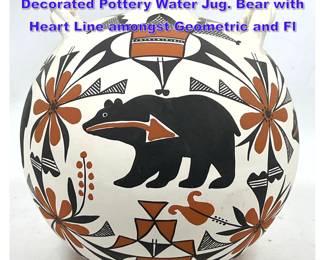 Lot 1093 ANTONIO Acoma Pueblo Hand Decorated Pottery Water Jug. Bear with Heart Line amongst Geometric and Fl