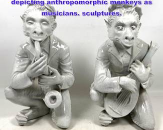 Lot 676 Pair Italian glazed ceramic figurines depicting anthropomorphic monkeys as musicians. sculptures. 