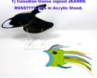 Lot 806 2pc Fused Colored Glass Sculptures. 1 Canadian Goose signed JEANNE ROSS. Sits in Acrylic Stand.