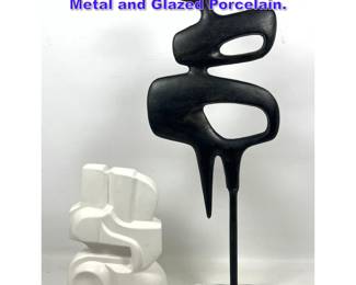 Lot 618 2pcs Modernist Sculptures. Abstract Metal and Glazed Porcelain. 