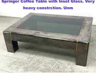 Lot 666 Large Heavy Brass and steel Karl Springer Coffee Table with Inset Glass. Very heavy constrction. Unm